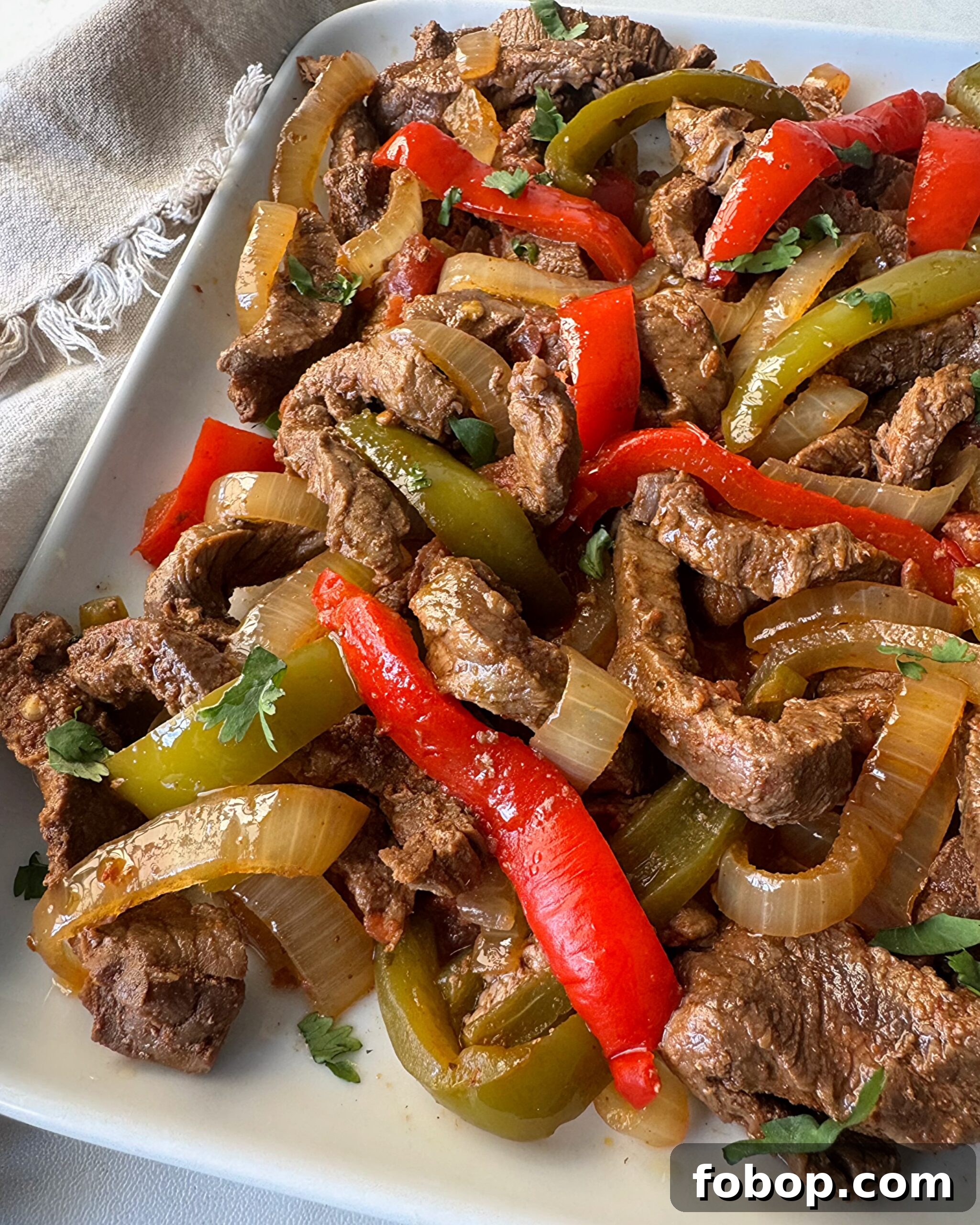 overhead shot of cooked steak fajitas on a white plate