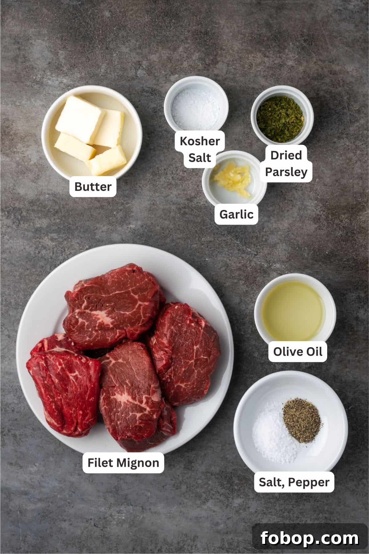 Air fryer filet mignon and compound butter ingredients with text labels overlaying each ingredient.