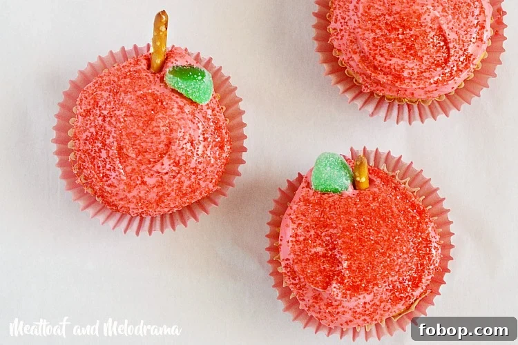 back to school apple cupcakes with red sugar frosting