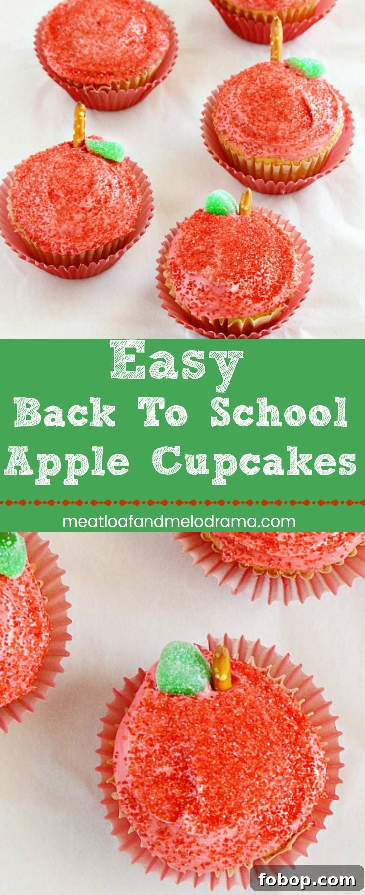 Easy Back to School Apple Cupcakes - With red sugar frosting, pretzel stems and candy leaves, these easy treats are perfect for an easy dessert or classroom celebration