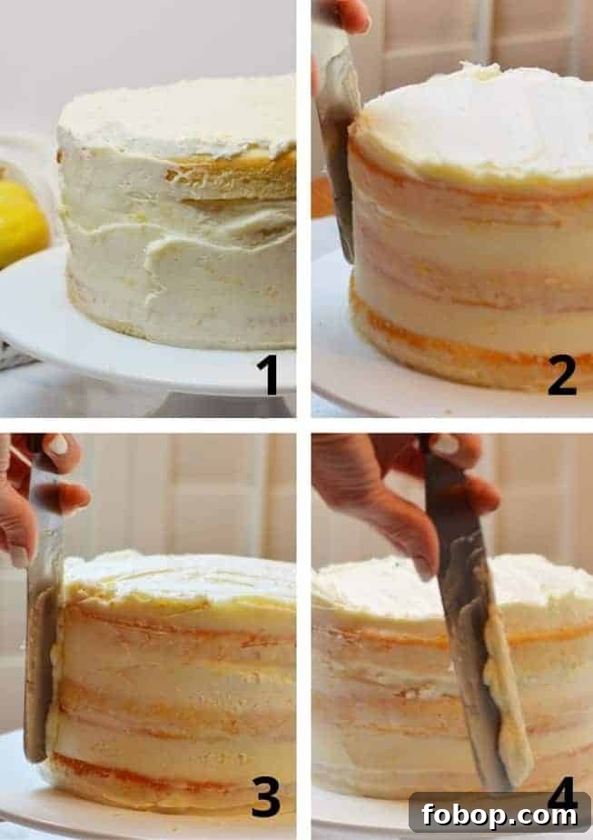 4 pictures showing how to frost a naked cake