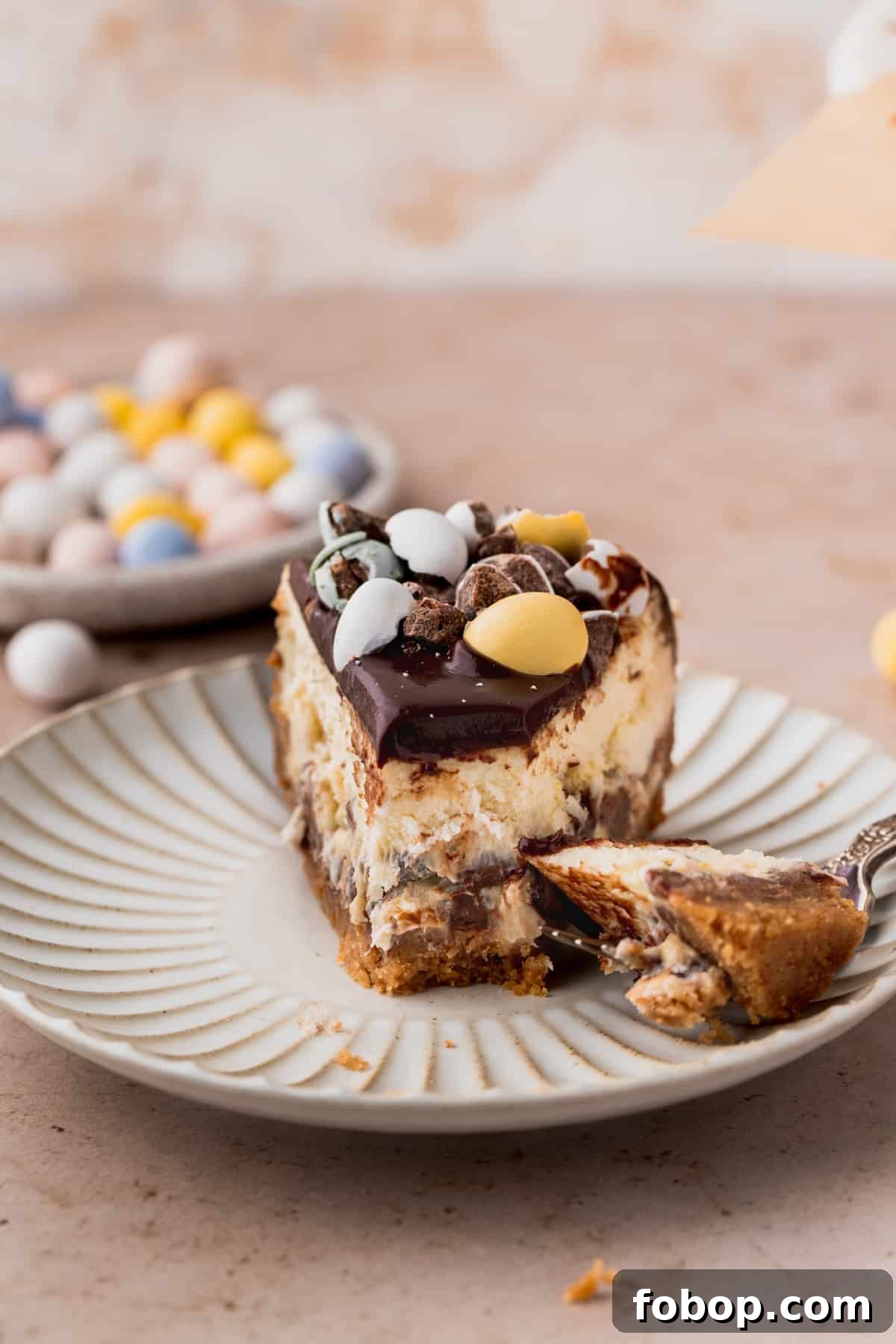 Easter Egg Cheesecake Recipe with Decorative Candy Topping 3 One slice of cheesecake on a plate.