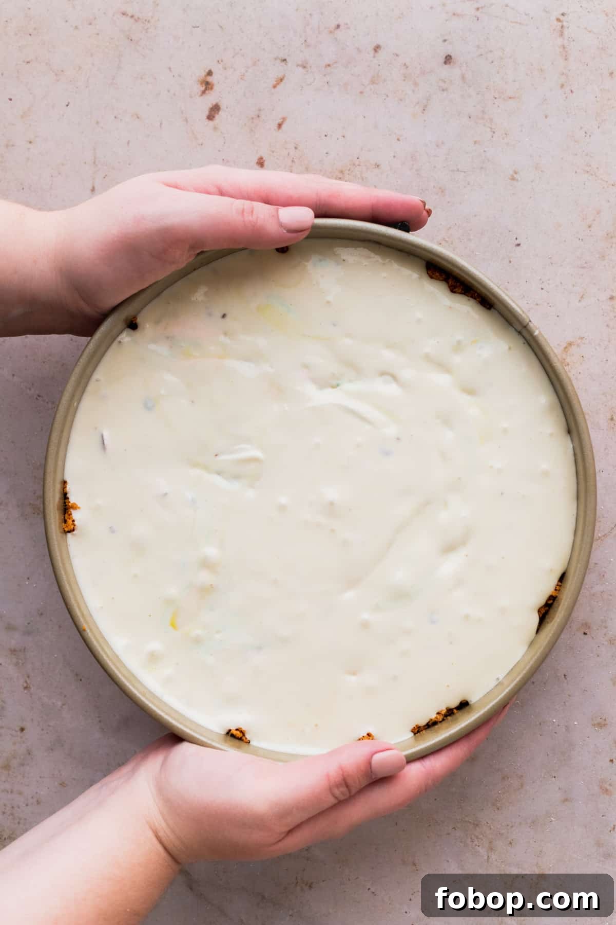 Easter Egg Cheesecake Recipe with Decorative Candy Topping 9 Cheesecake batter in a springform pan.