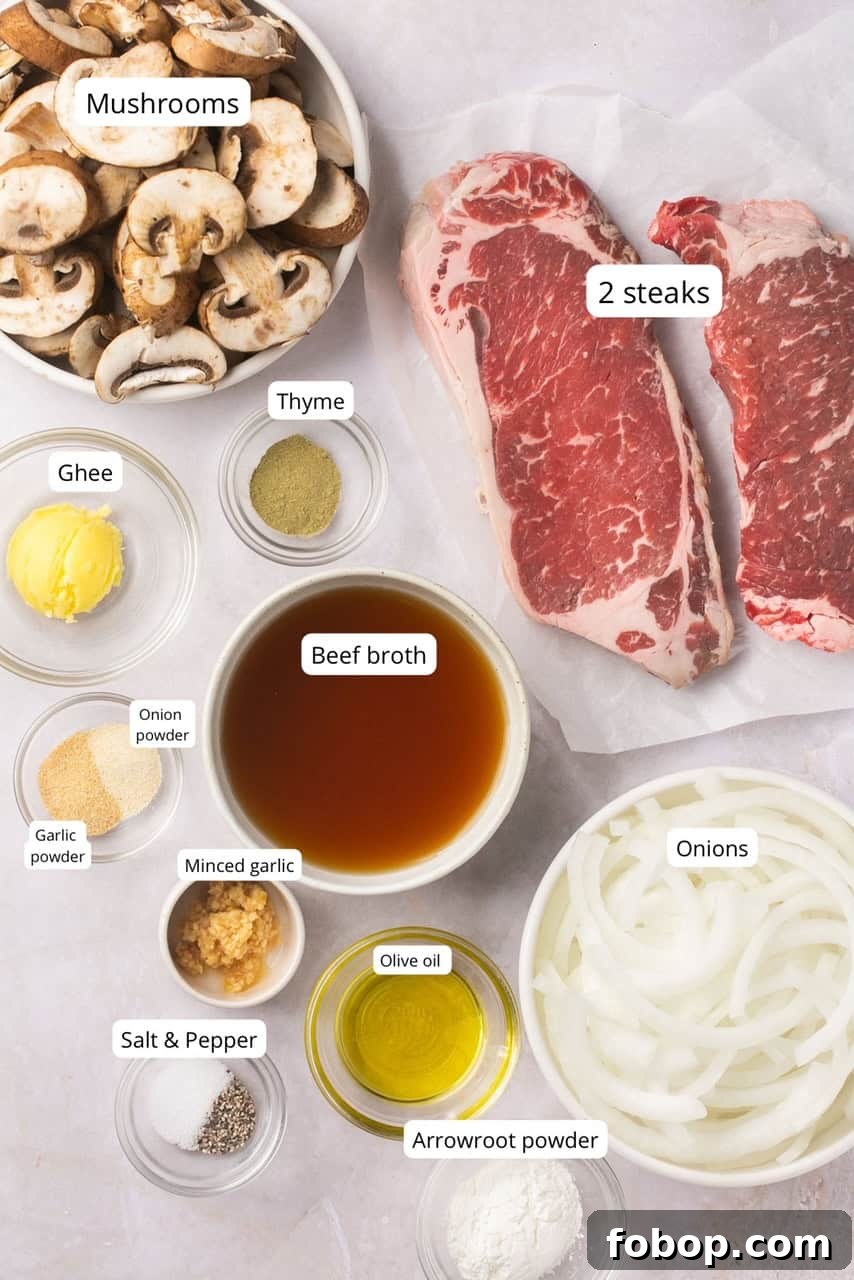 Instant Pot Steak in Rich Homemade Beef Gravy 3 Ingredients for Instant Pot steak recipe including steak, seasonings, onions, mushrooms, garlic, broth, and arrowroot powder.