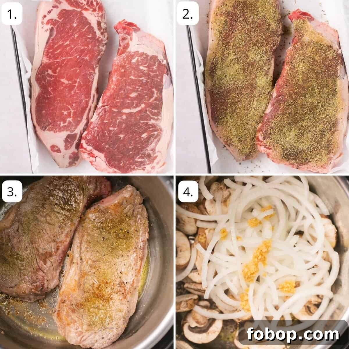 Instant Pot Steak in Rich Homemade Beef Gravy 4 Step-by-step collage showing how to season and sear steaks in the Instant Pot and sauté onions and mushrooms.