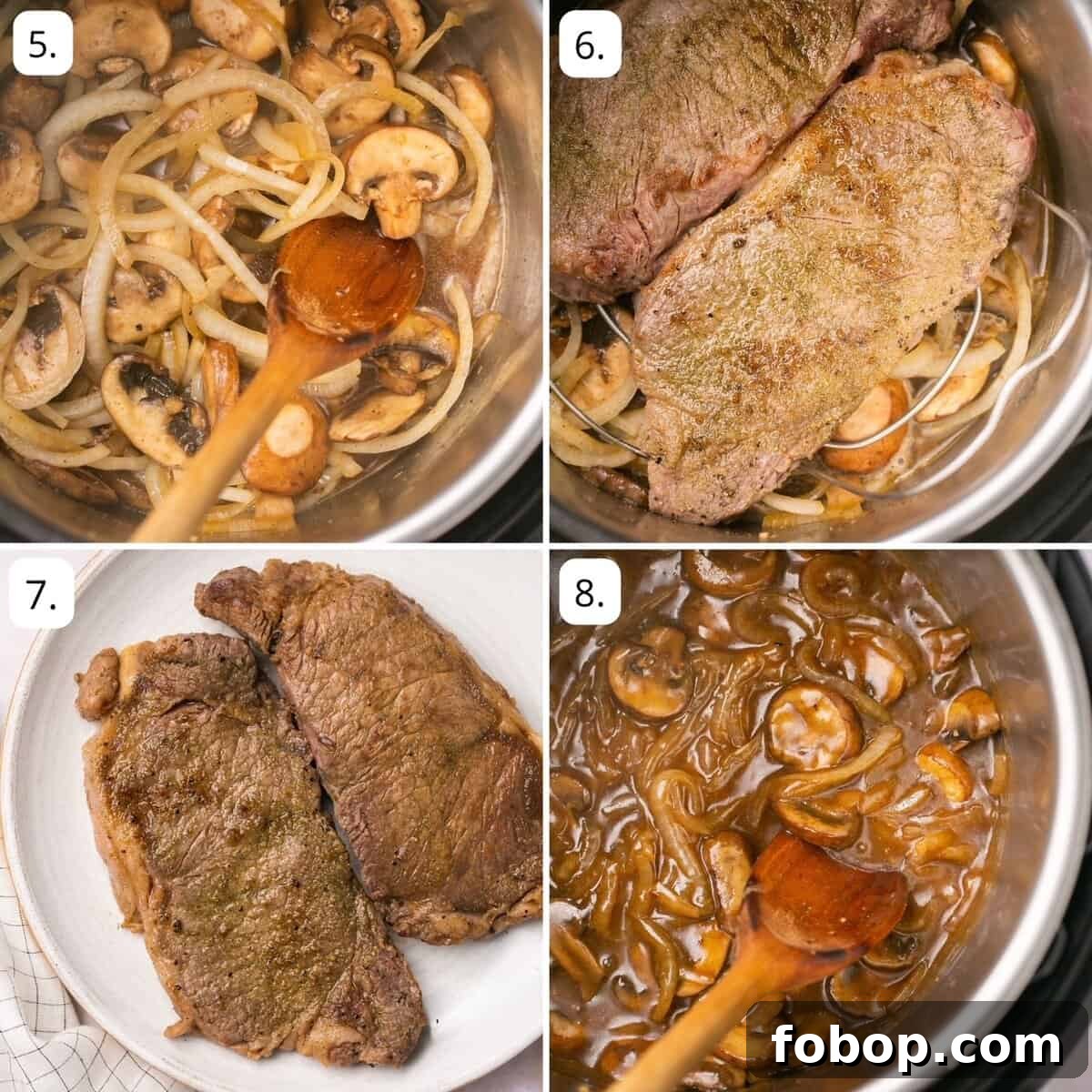 Instant Pot Steak in Rich Homemade Beef Gravy 5 Process photos of adding broth, pressure cooking steak, and thickening the onion-mushroom gravy in the Instant Pot.
