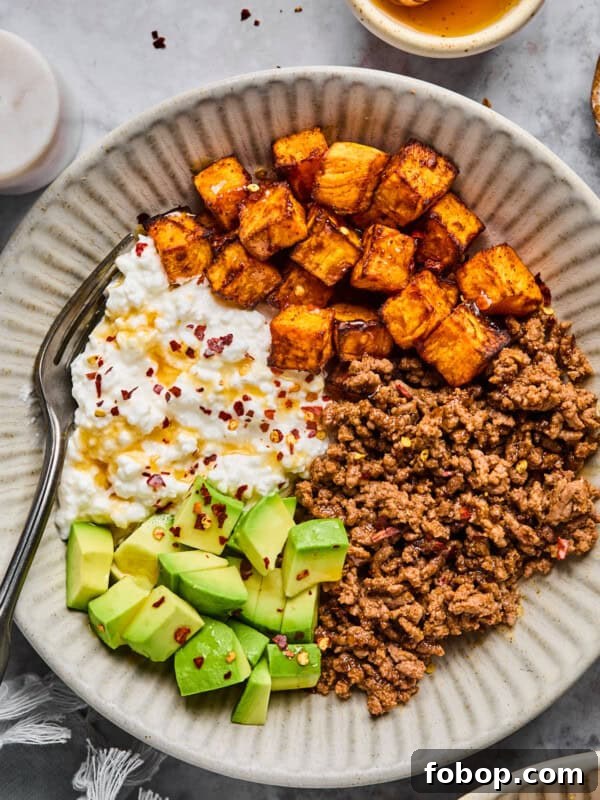 Instant Pot Steak in Rich Homemade Beef Gravy 8 cottage cheese taco bowl with ground beef, cottage cheese, sweet potatoes, avocado and hot honey