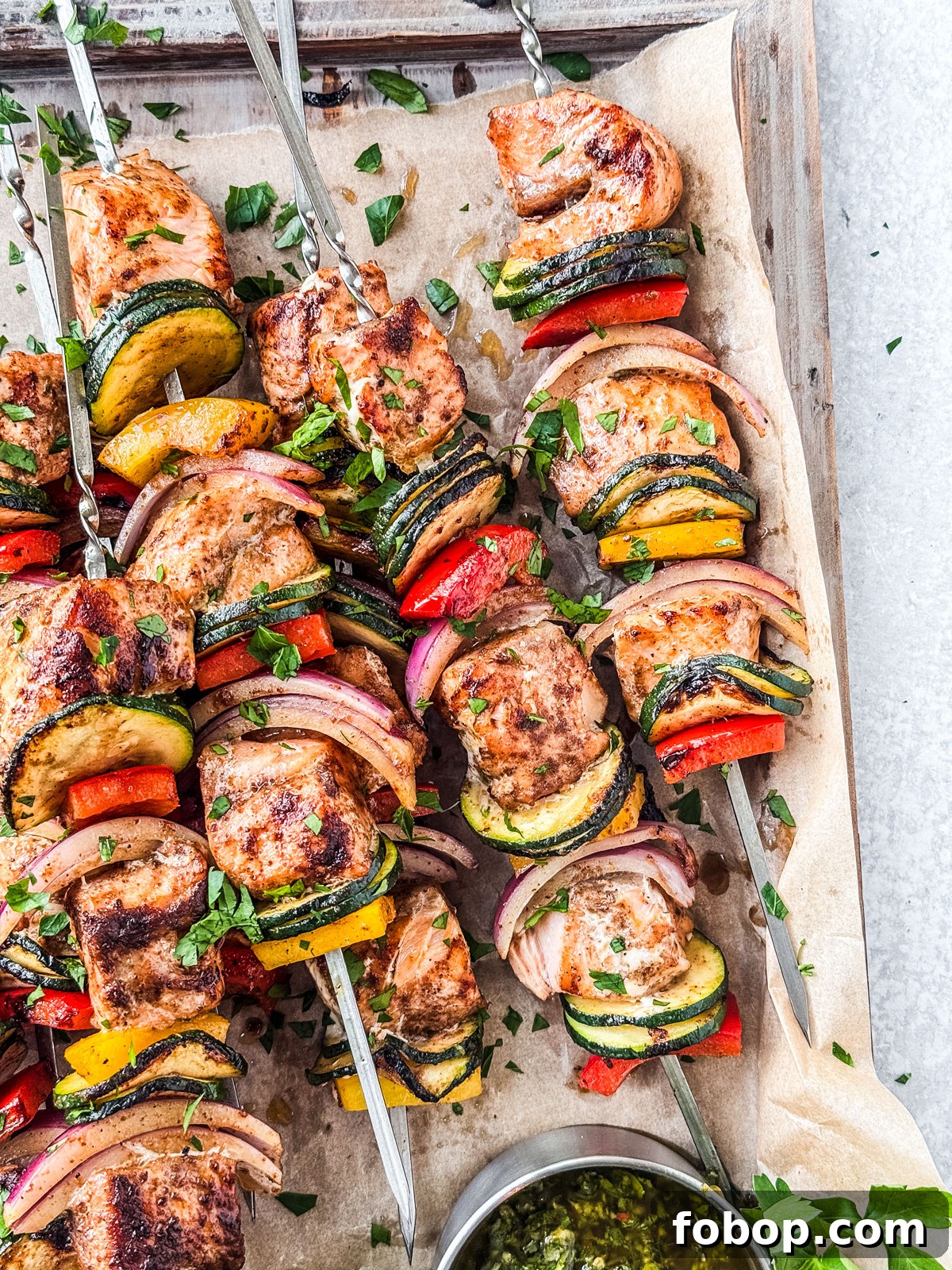 Grilled salmon kebabs.