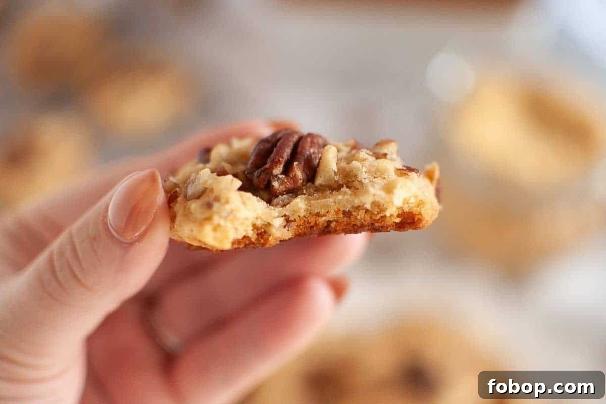 25 Office Cookies Everyone Brings and Raves About 2 A hand holds a bitten Butter Pecan Cookie topped with a pecan and chopped nuts, with a blurred background.