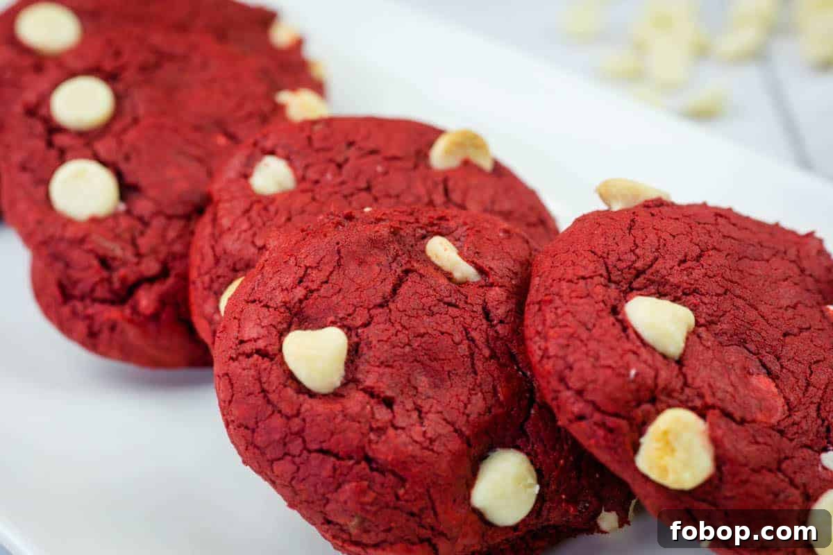 25 Office Cookies Everyone Brings and Raves About 15 Four red velvet cookies with white chocolate chips on a white rectangular plate.