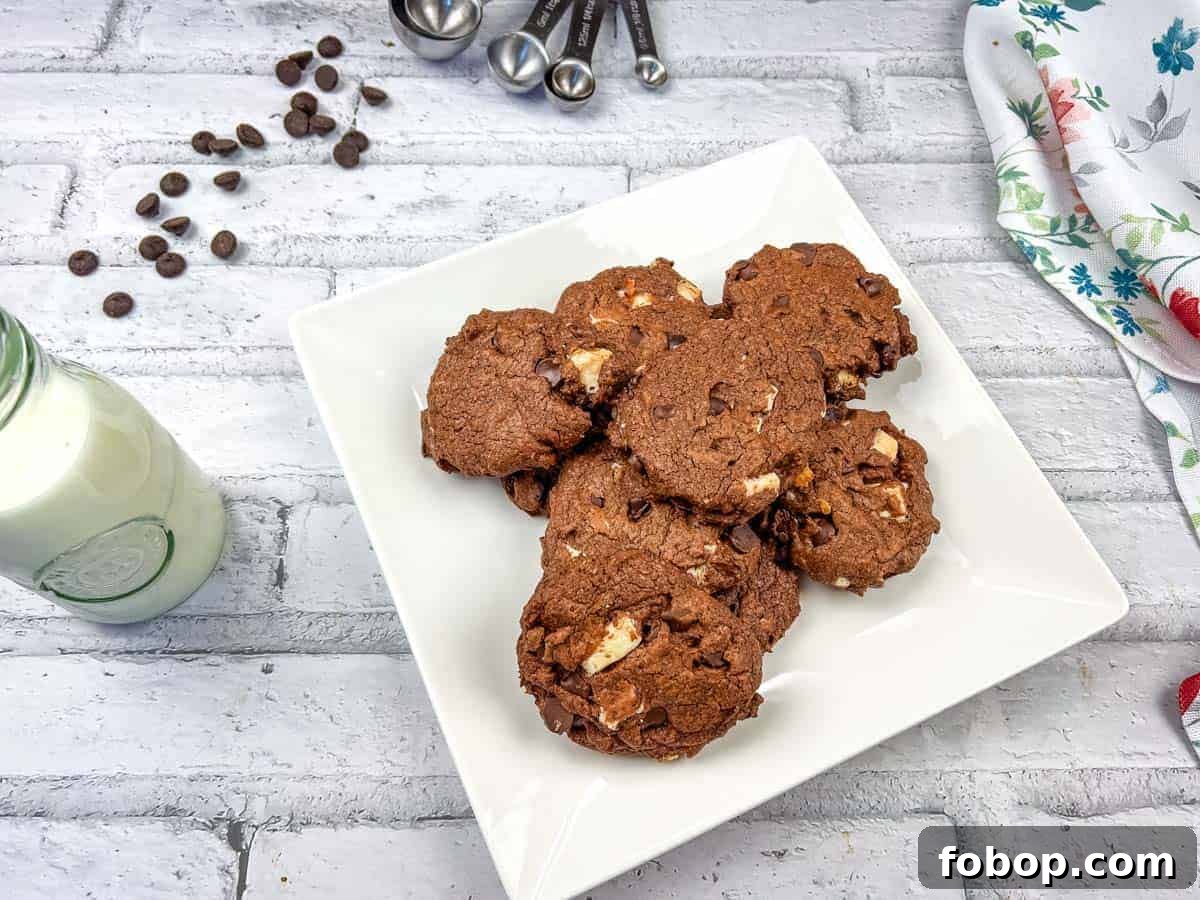 25 Office Cookies Everyone Brings and Raves About 18 Chocolate overload cookies on a white plate.