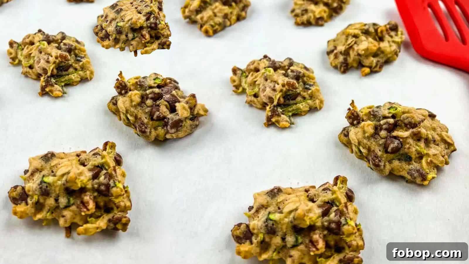 25 Office Cookies Everyone Brings and Raves About 20 A batch of Zucchini cookies with chocolate & pecan on a parchment-lined baking sheet.