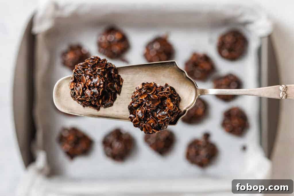 25 Office Cookies Everyone Brings and Raves About 21 A metal spatula holds two chocolate Peanut Butter No-Bake Cookies above a baking tray lined with parchment paper and more cookies.