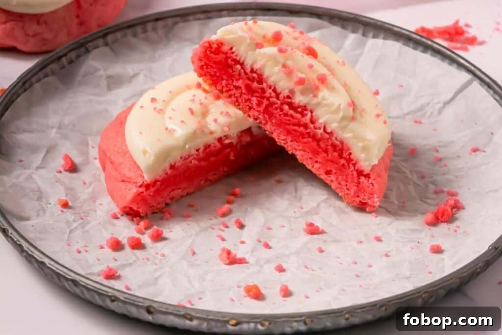 25 Office Cookies Everyone Brings and Raves About 6 A Crumbl Copycat Pink Velvet Cookies is cut in half and displayed on a round metal tray lined with crinkled parchment paper.