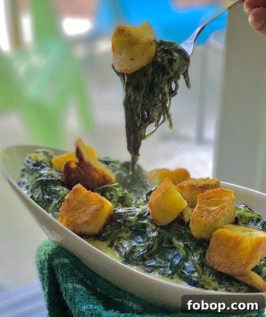 Creamed Spinach on Fork Closeup