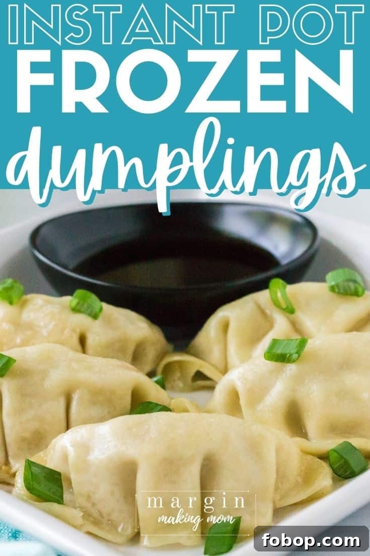 Instant Pot Frozen Dumplings (Potstickers) in Minutes 2 white plate with Instant Pot frozen dumplings served on it, sprinkled with sliced green onions, and a small black dipping bowl of soy sauce in the background.
