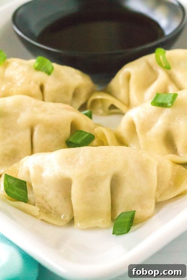 Instant Pot Frozen Dumplings (Potstickers) in Minutes 8 Instant Pot frozen dumplings, freshly steamed, served on a white plate.