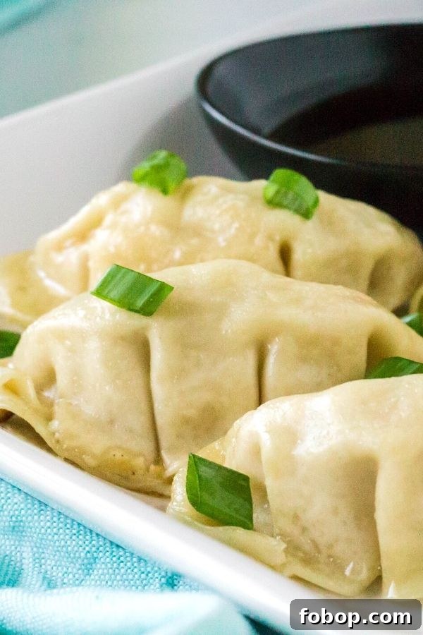Instant Pot Frozen Dumplings (Potstickers) in Minutes 9 close-up view of frozen dumplings cooked in the Instant Pot, with green onions and soy sauce