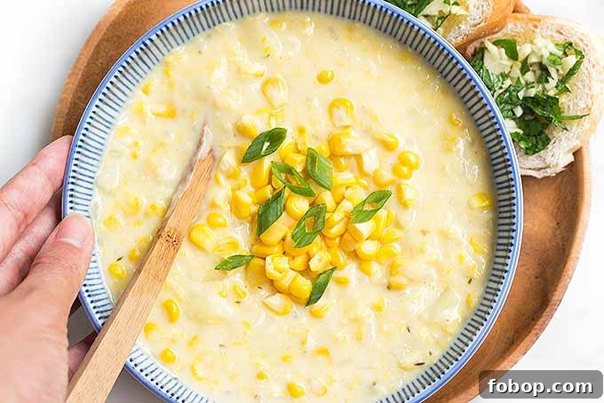 Summer Corn Chowder with Garlic Herb Bread: Creamy Seasonal Recipe 9 Just about to enjoy a big bowl of fresh corn chowder with garlic bread!
