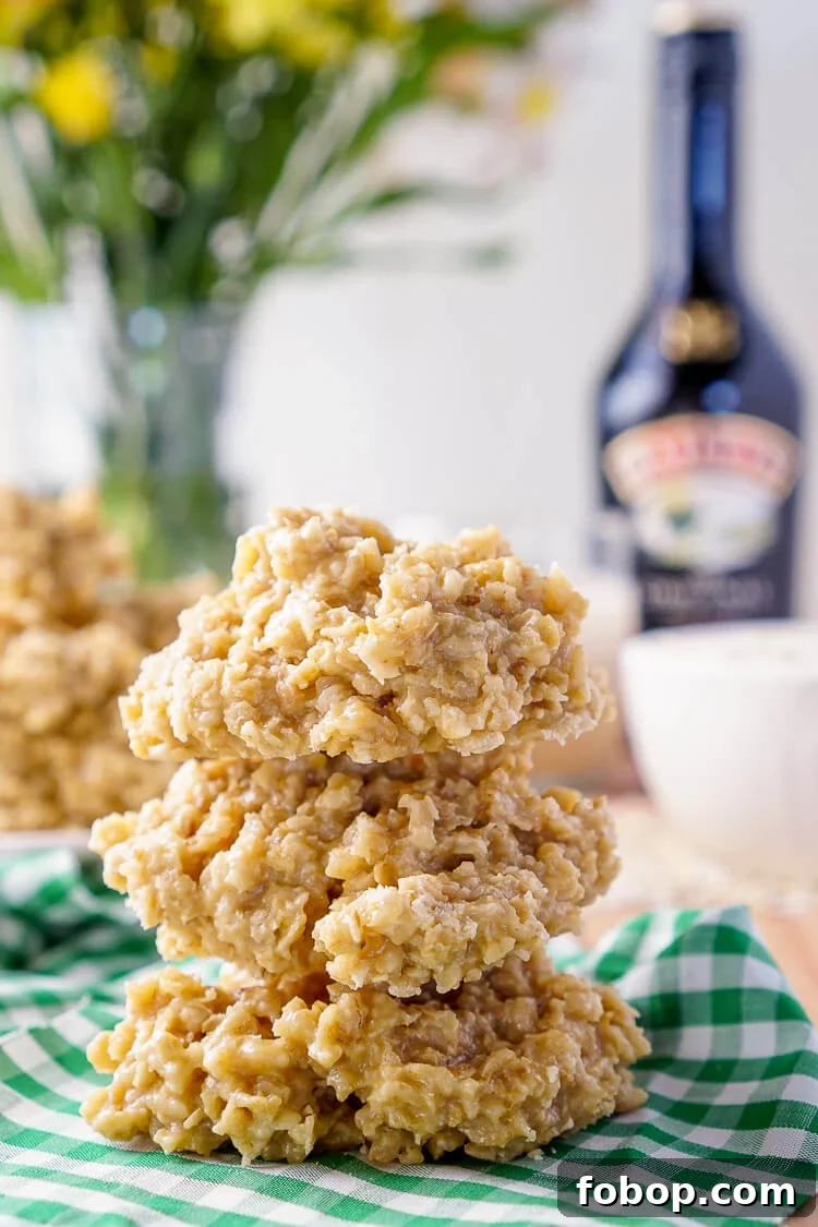 No-Bake Irish Cream Cookies: Luscious Stovetop Dessert Recipe 2 These Irish Cream No Bake Cookies are a boozy twist on the classic cookie recipe! Irish cream combined with sugar, butter, and oatmeal for a richly sweet treat that's perfect for St. Patrick's Day!
