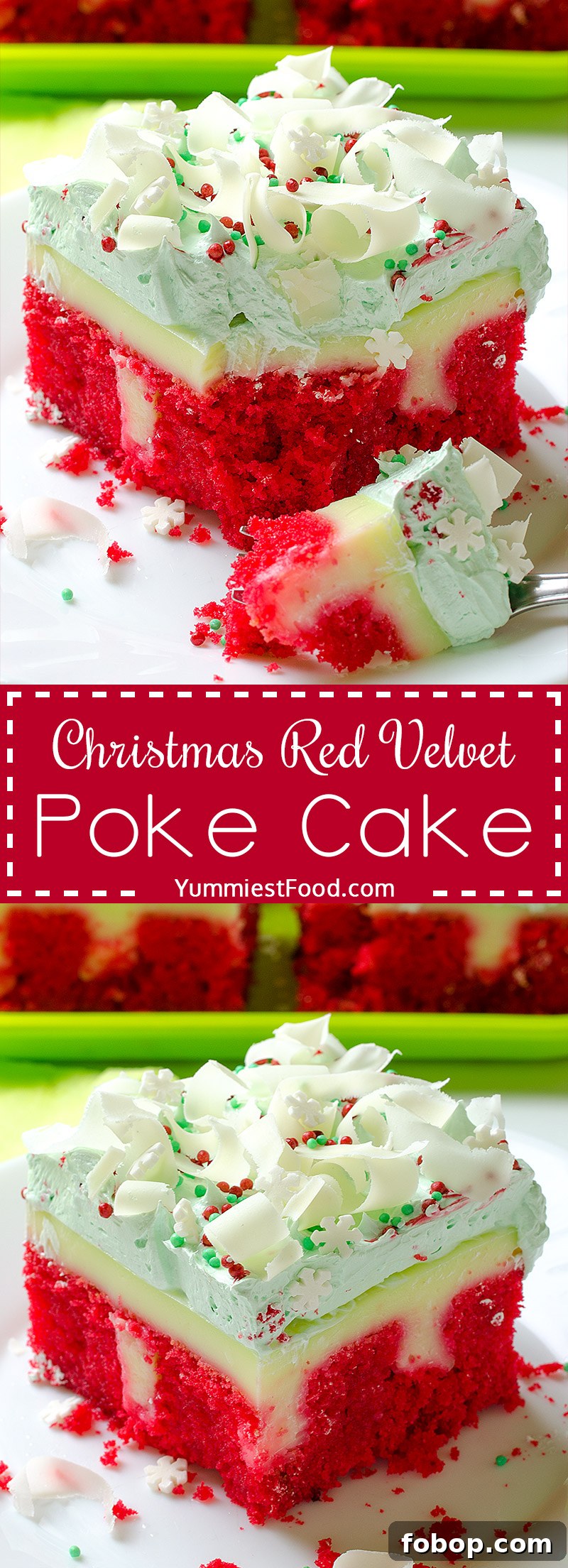 Christmas Red Velvet Poke Cake Recipe - very tasty, rich and moist! A taste of Christmas in every bite of this delicious Poke Cake
