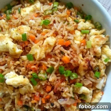 Close up image showing egg fried rice in a bowl.
