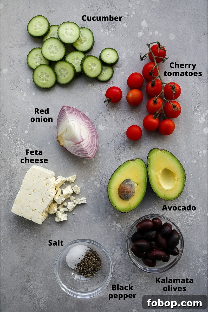 Ingredients used to make an avocado & feta Greek salad
