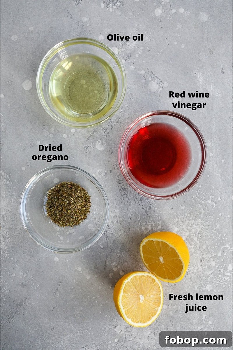 Ingredients used to make an easy Greek vinaigrette