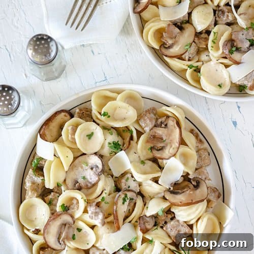Creamy Pasta alla Norcina with Homemade Italian Sausage 3 Creamy pasta with homemade sausage served in two bowls on white background.