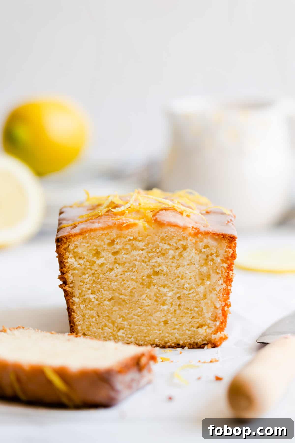 straight ahead close up of lemon cake loaf