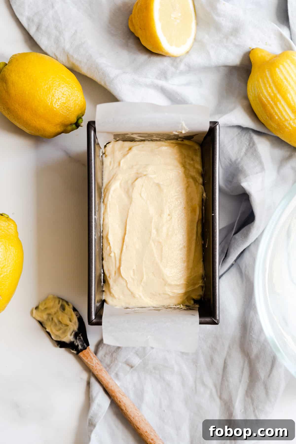 overhead shot of cake batter in a baking tin