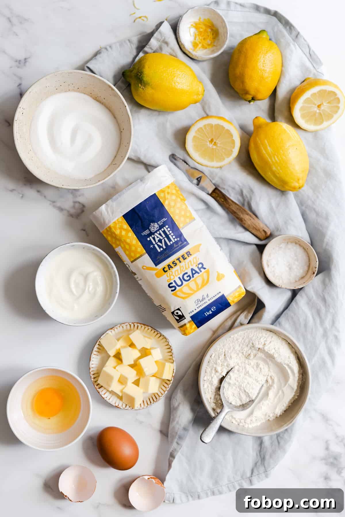 overhead shot of the ingredients for lemon drizzle cake