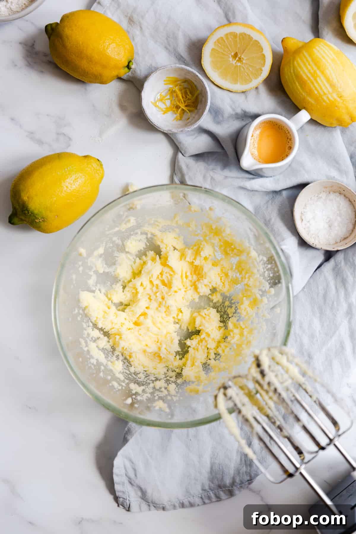 top view of a bowl with creamed butter and sugar