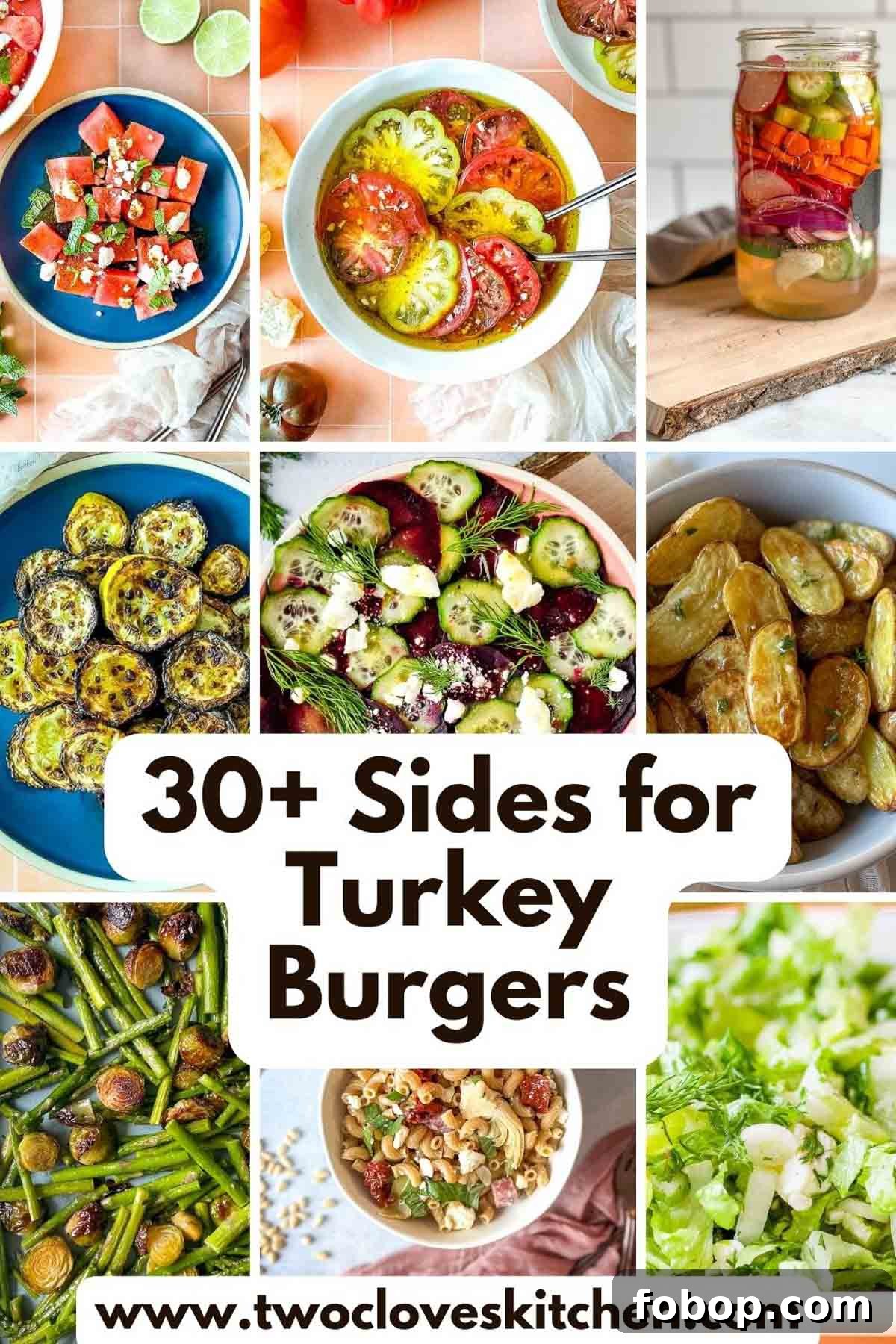 A collage of salads and vegetable sides with the text 30 plus sides for turkey burgers.