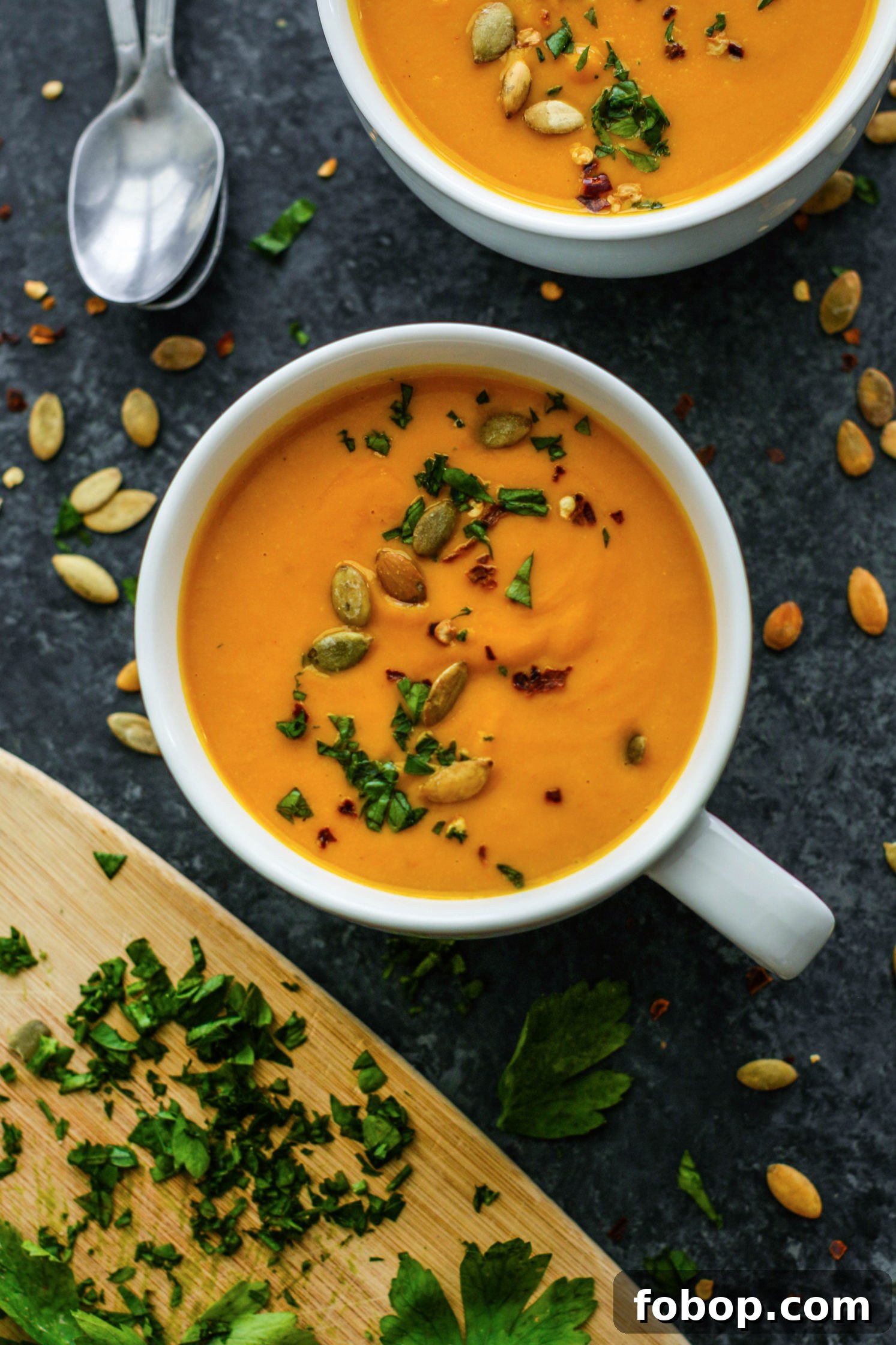 Roasted Pumpkin and Autumn Vegetable Soup Recipe 2 Roasted Pumpkin & Vegetable Soup served in mugs with fresh herbs and spoons