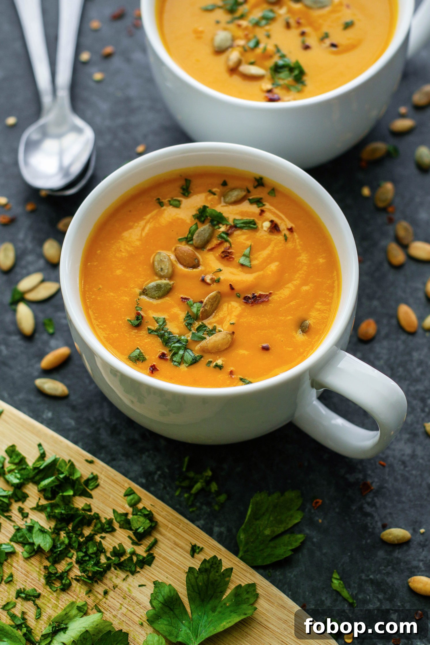 Roasted Pumpkin and Autumn Vegetable Soup Recipe 8 Roasted Pumpkin & Vegetable Soup served in mugs with herbs and spoons