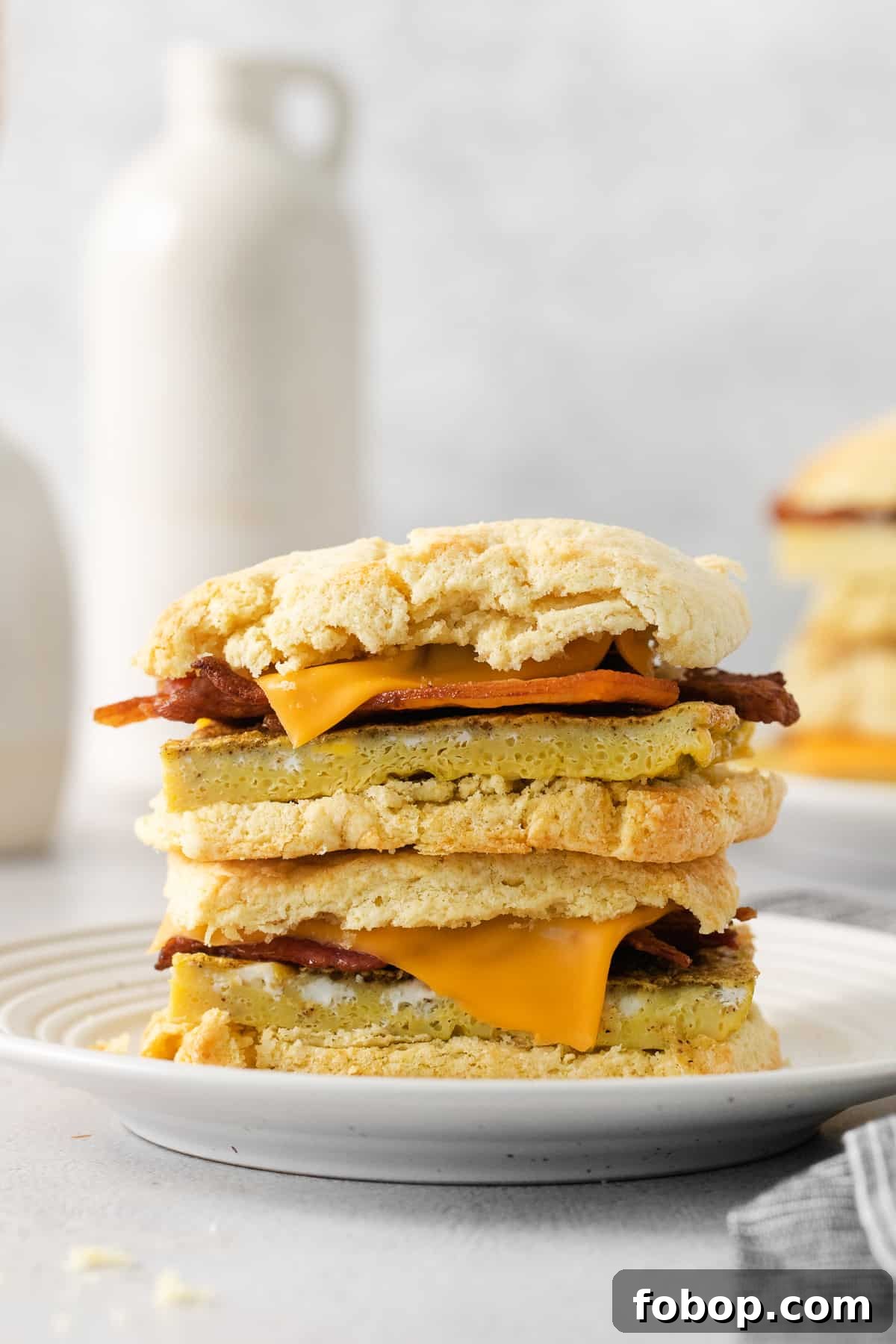 How to Make a Copycat Bacon Egg and Cheese Sandwich Recipe 2 a stack of biscuits with cheese and bacon on a plate.