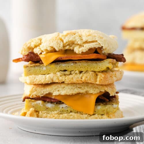 How to Make a Copycat Bacon Egg and Cheese Sandwich Recipe 10 a stack of biscuits with bacon and cheese on a plate.
