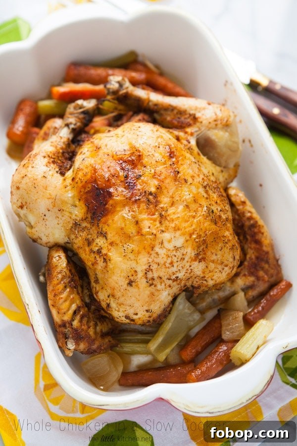 Crockpot Whole Chicken from TheLittleKitchen.net Crockpot Whole Chicken in a baking dish