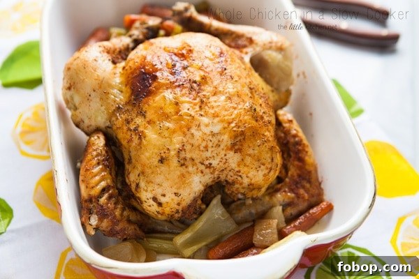 Crockpot Whole Chicken from TheLittleKitchen.net Crockpot Whole Chicken in a baking dish horizontal