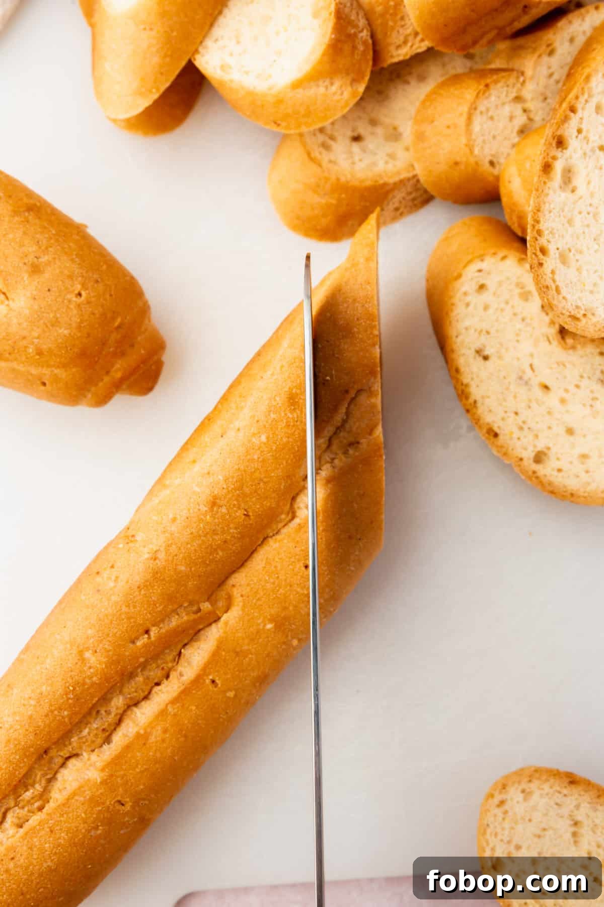 A knife cutting a loaf of gluten free french bread on the bias into slices for bruschetta.