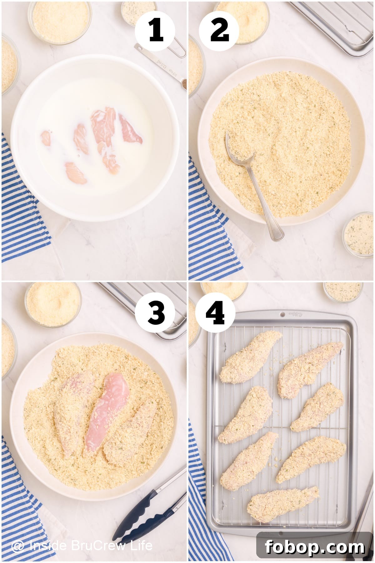 Crispy Parmesan Chicken Tenders with Garlic Herb Dipping Sauce 4 Four pictures collaged together showing how to bread chicken tenderloins.