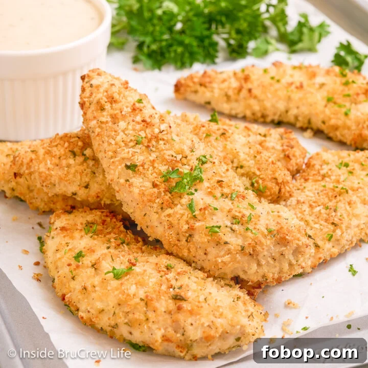 A metal tray with a stack of baked parmesan chicken tenders on it.