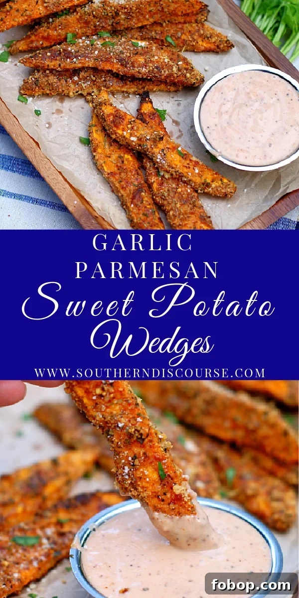 Garlic Parmesan Roasted Sweet Potato Wedges 10 Garlic Parmesan Sweet Potato Wedges are baked up with a seasoned, crisp outside right in your oven with this delicious, easy recipe!