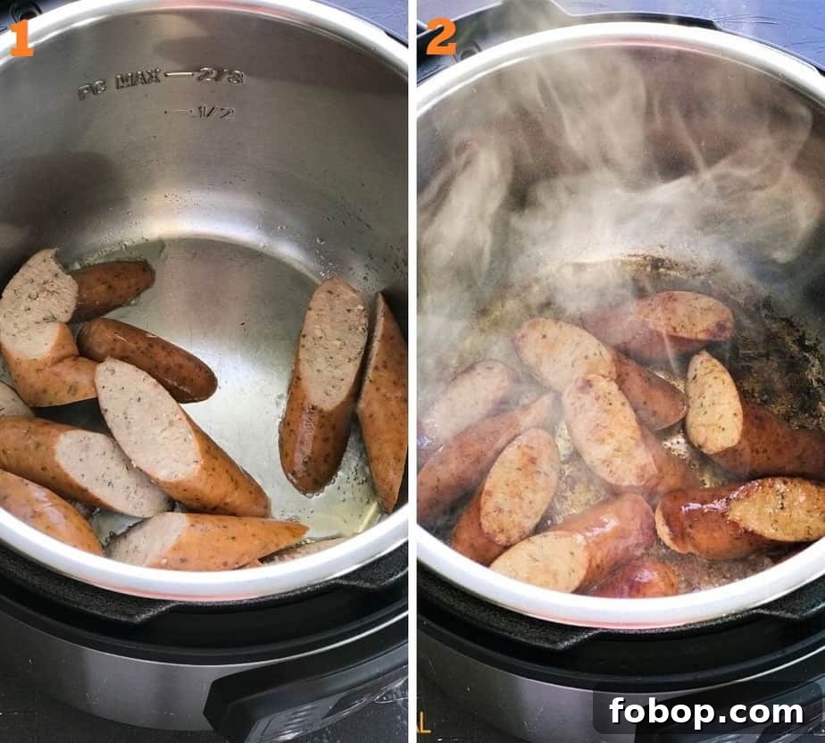 Instant Pot Sausage with Peppers and Onion Dinner 7 browning sausages in instant pot