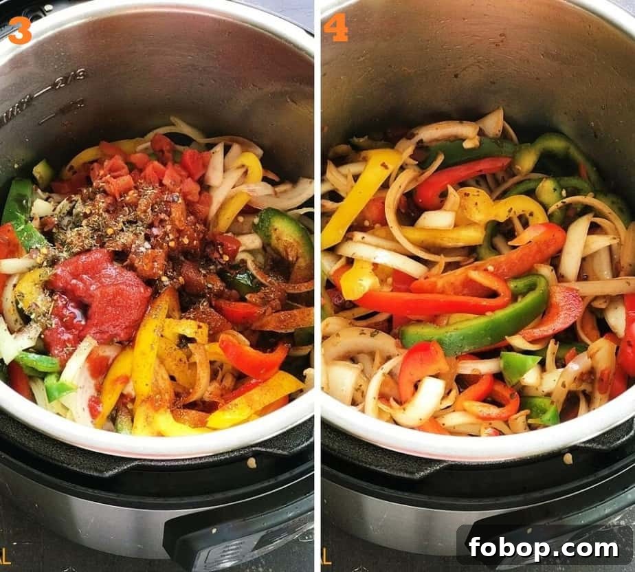Instant Pot Sausage with Peppers and Onion Dinner 8 sauteing peppers, onions, tomatoes and seasonings in instant pot