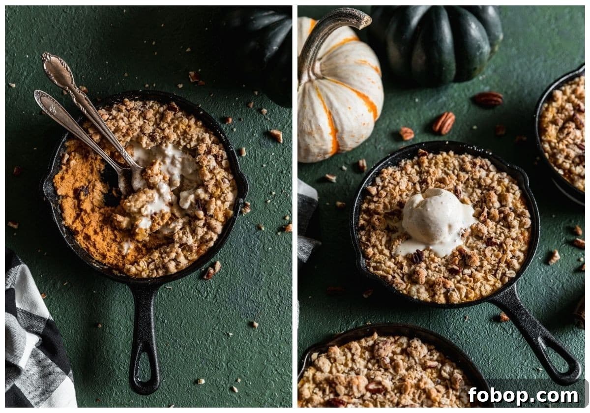 Maple Oat Streusel Pumpkin Crisp Recipe 7 Two images; on the left, a closeup image of a half eaten pumpkin crisp in a mini skillet on a dark green background next to a black and white checkered linen. On the right, a side image of a crisp with melted ice cream next to two more crisps, crumbled pecans, and a white and orange pumpkin and a black pumpkin.