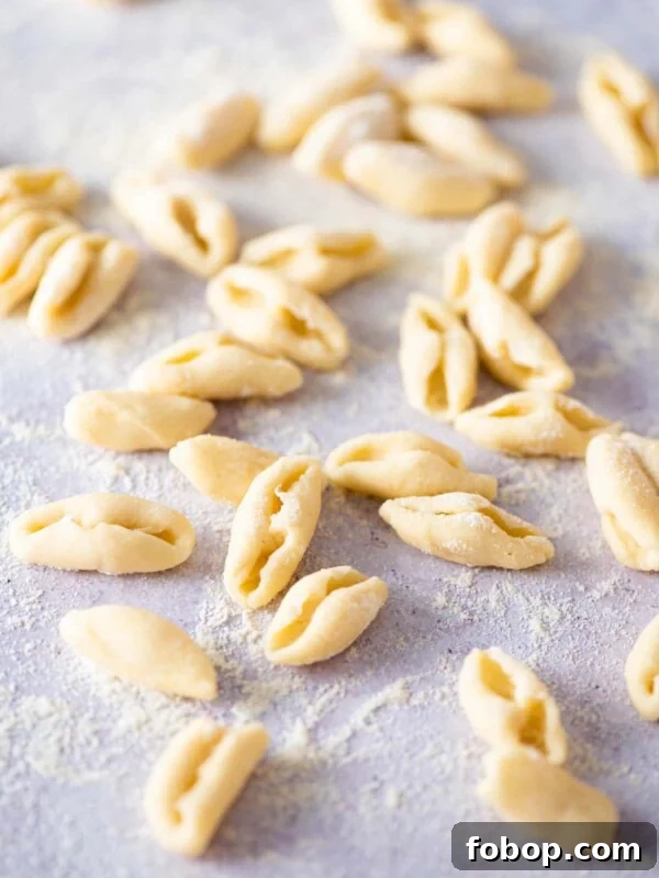 Fresh cavatelli pasta on a work surface