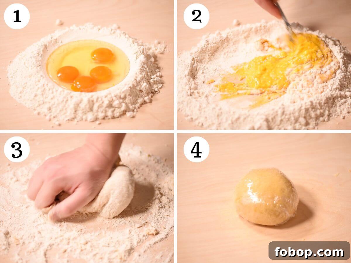 Four photos in a collage showing how to make homemade pasta dough.