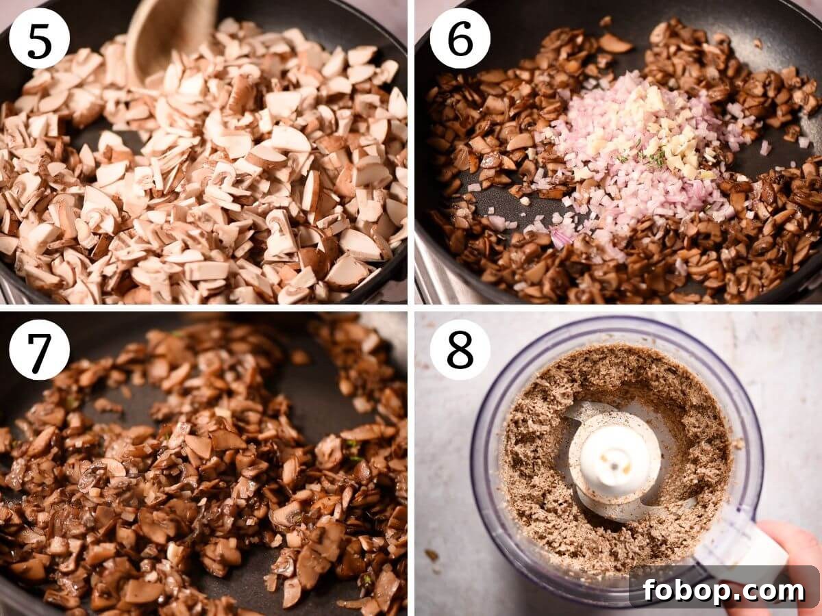 Four photos in a collage showing how to make a mushroom and taleggio filling for pasta.